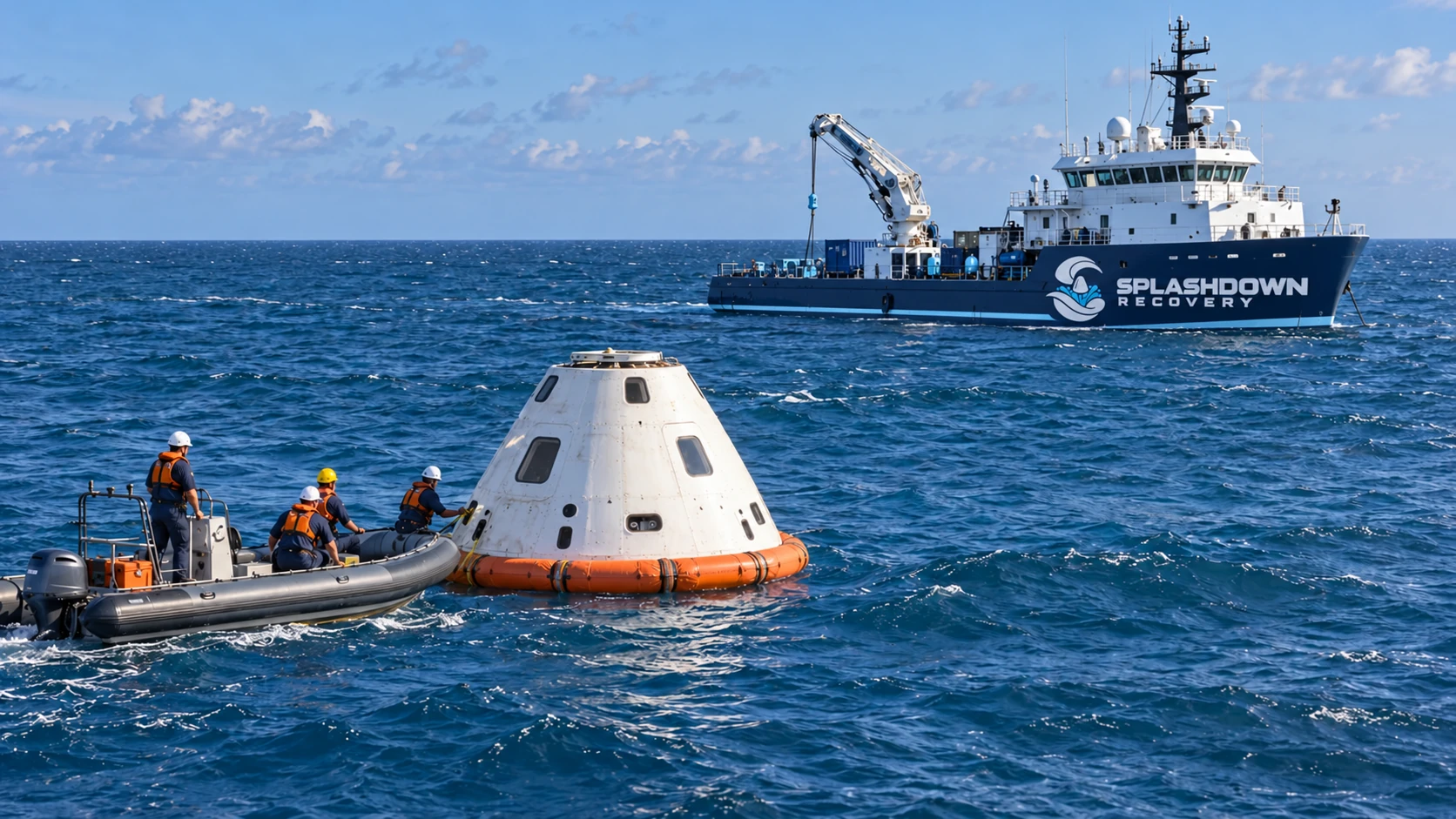 AI-generated concept of a support boat attending a capsule beside a recovery vessel