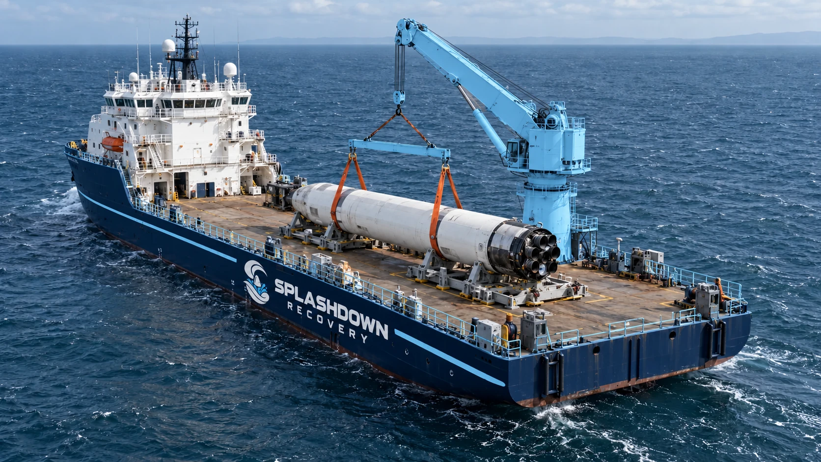 AI-generated concept of a recovery vessel with a white launch vehicle stage supported above its aft deck